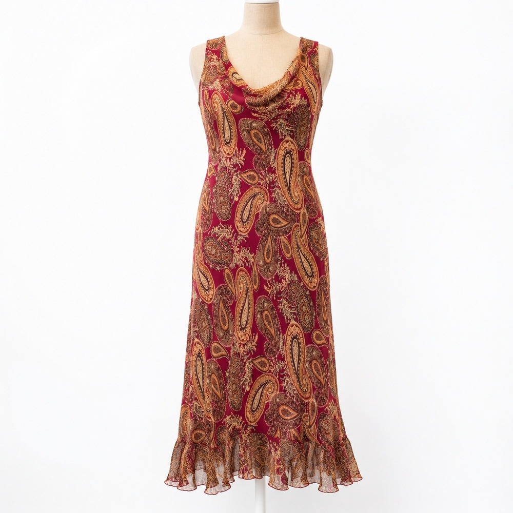 Vintage Y2K Cowl Neck Midi Dress Size 6 Orange Fairy Grunge Indie Ruffle Boho